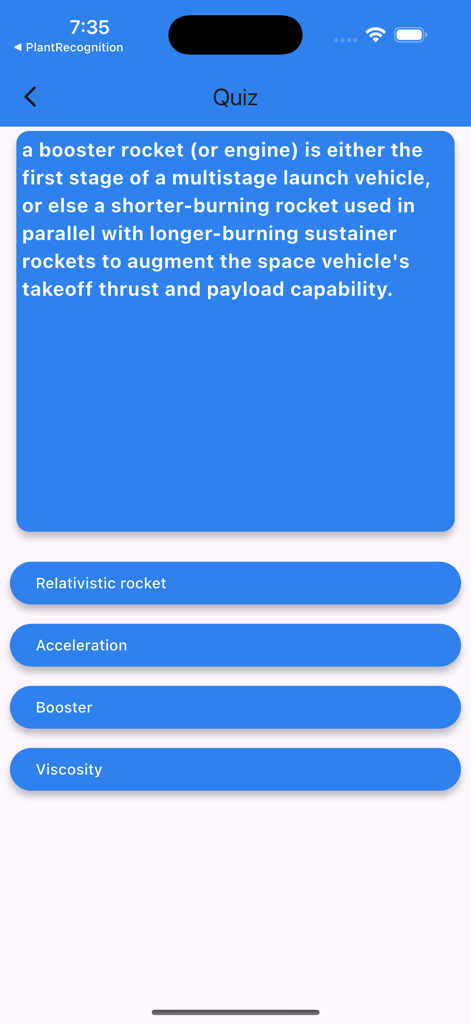Aerospace Engineering Terms - A quiz screen from the Aerospace Engineering Terms app showing a multiple choice question about the definition of a booster rocket.