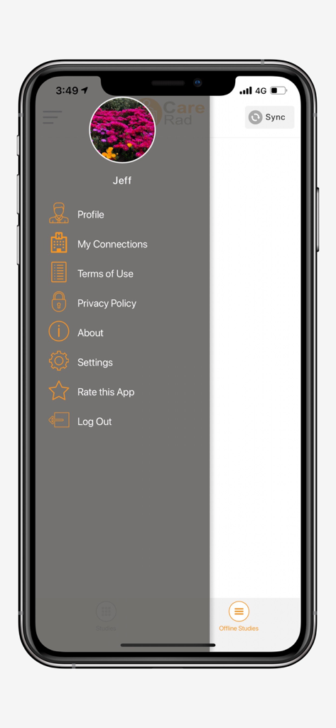 CareRad app side menu showing profile settings and account options on an iPhone screen.