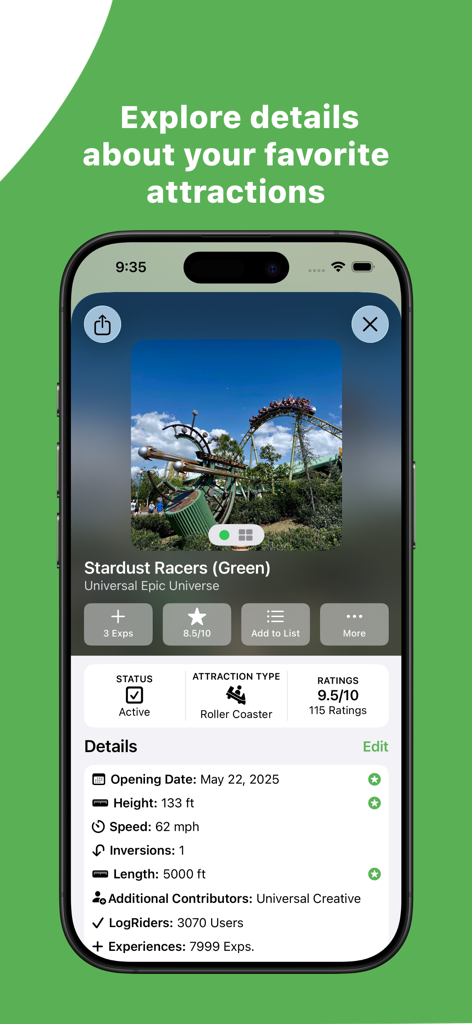 Captura de pantalla de la aplicación LogRide que muestra estadísticas técnicas detalladas y calificaciones de los usuarios para la montaña rusa Stardust Racers