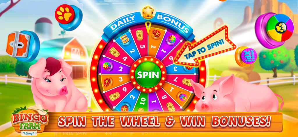 Bingo Farm Ways - Bingo Games - Bingo Farm Ways daily bonus spin wheel with cute farm pigs and rewards