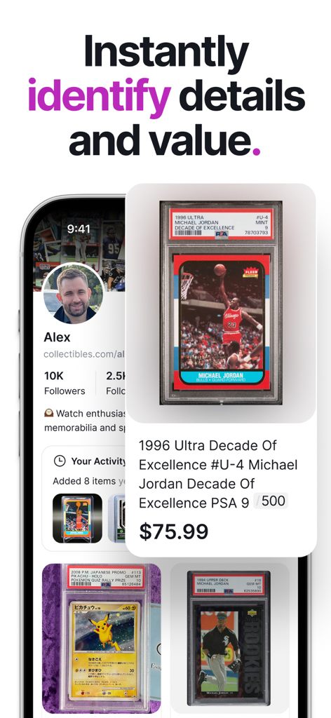 Uma tela de smartphone mostrando a identificação e avaliação de mercado de uma carta de negociação de Michael Jordan dentro do aplicativo Collectibles.