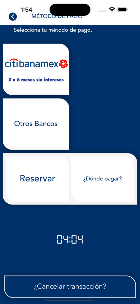 Omnibus De México - Payment method selection screen in the Omnibus de Mexico app showing Citibanamex interest-free installments and other bank options