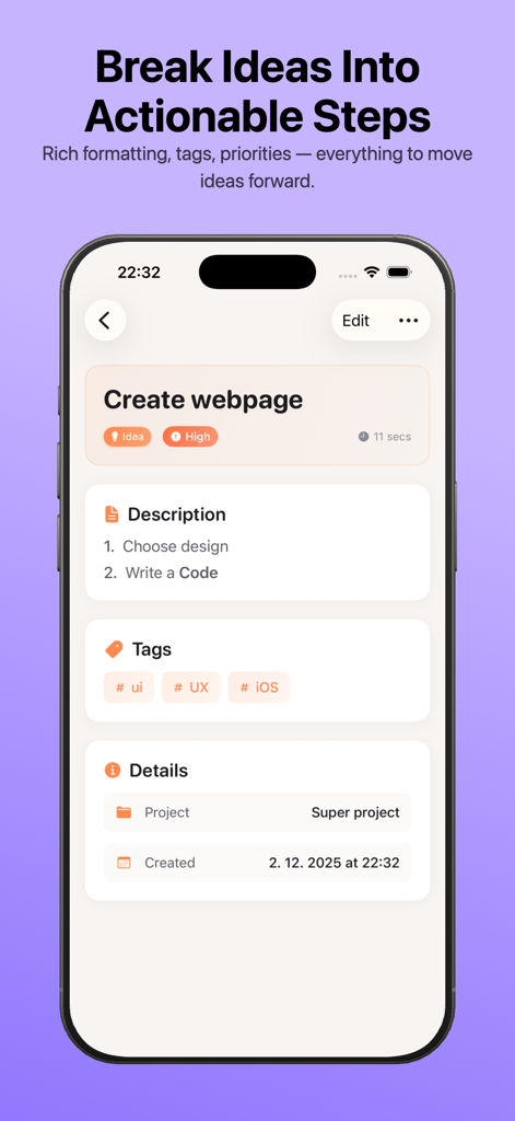 Planelo app interface showing a detailed view of a project idea with tags and task descriptions.
