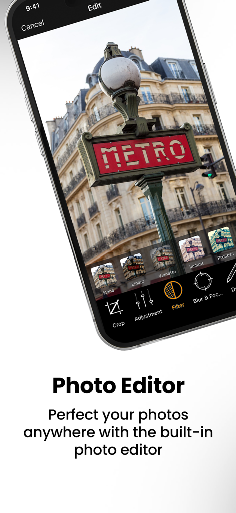 ProCam – Sony Camera Remote - Interfaz del editor de fotos de la aplicación ProCam mostrando un letrero del metro de París con opciones de filtro y ajustes