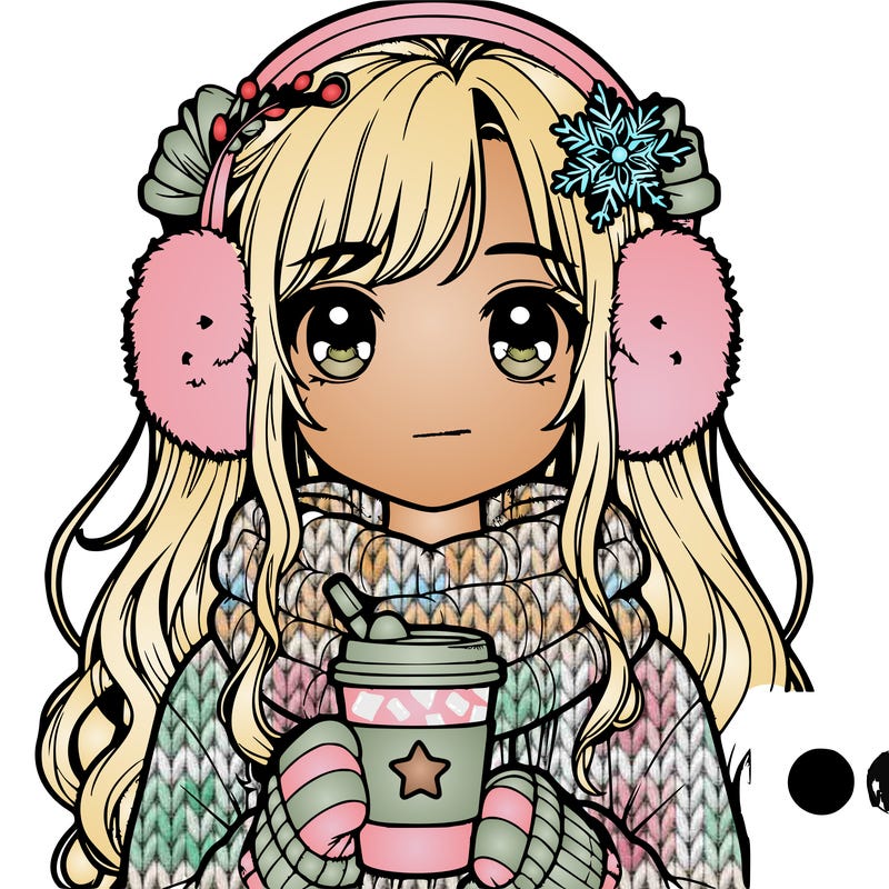 realistic girl wearing earmuffs and holding a coffee cup that has a star on it