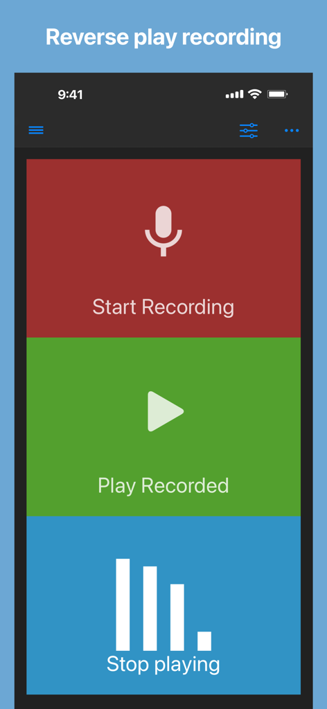 Main interface of the Reverse Audio app featuring colorful buttons to start recording play recorded audio and stop playback