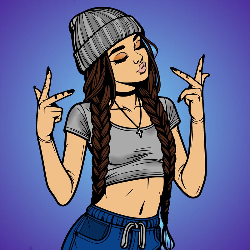 realistic teenage girl with braids and a beanie and crop top doing 🫶🏼