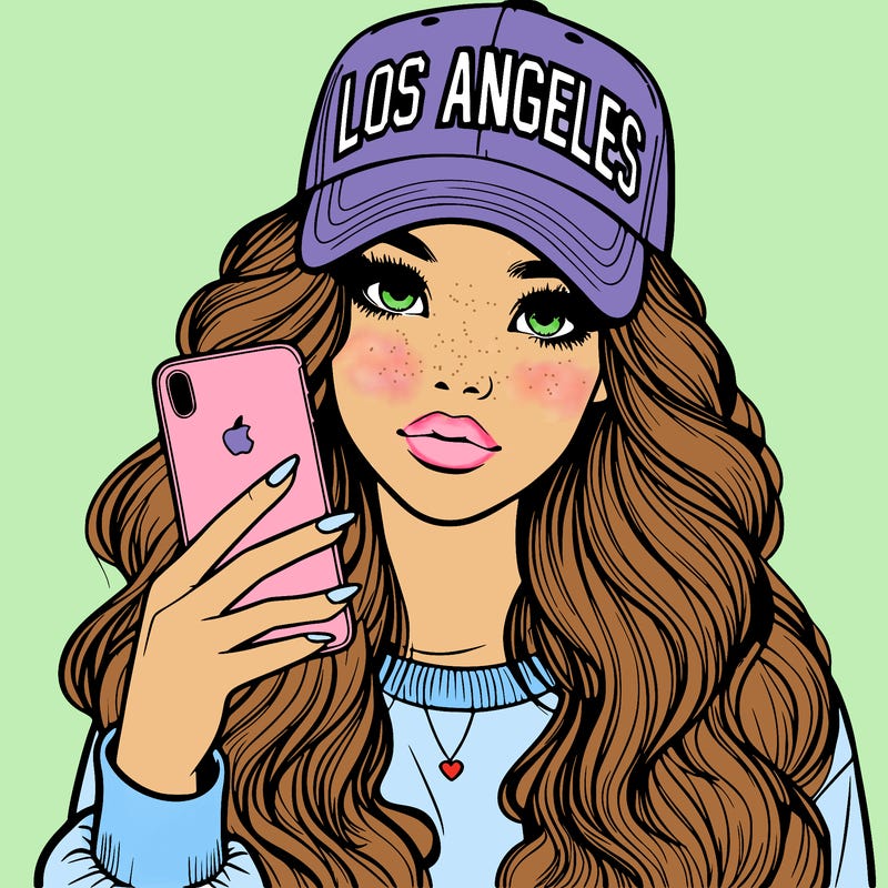 realistic beautiful girl wearing los ángeles cap holding an iphone