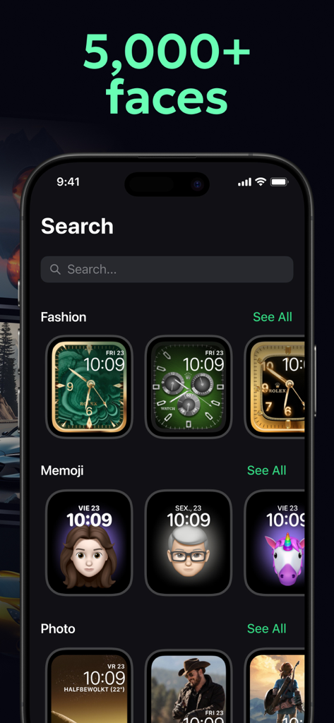 Watch Faces Live - AI Gallery - Watch Faces app gallery displaying fashion memoji and photo categories for Apple Watch customization