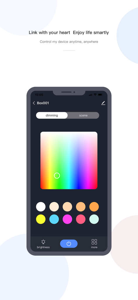 CozyLife Smart - Interface do aplicativo CozyLife Smart mostrando um seletor de cores e controles de brilho para uma lâmpada inteligente
