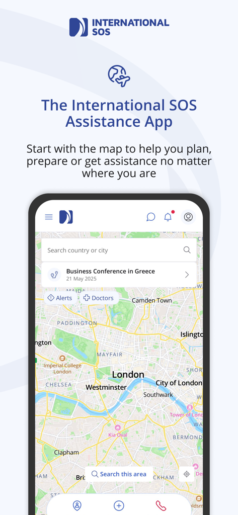 Interface of International SOS Assistance app showing map and travel safety features.