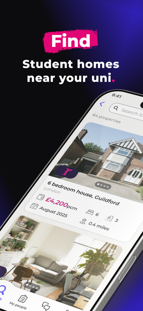 Interfaz de la aplicación Roome que muestra anuncios de viviendas para estudiantes cerca de la universidad