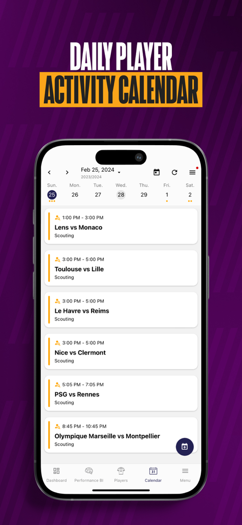 Opta Pro Hub - Opta Pro Hub daily player activity calendar displaying a professional soccer scouting schedule with match times and teams.