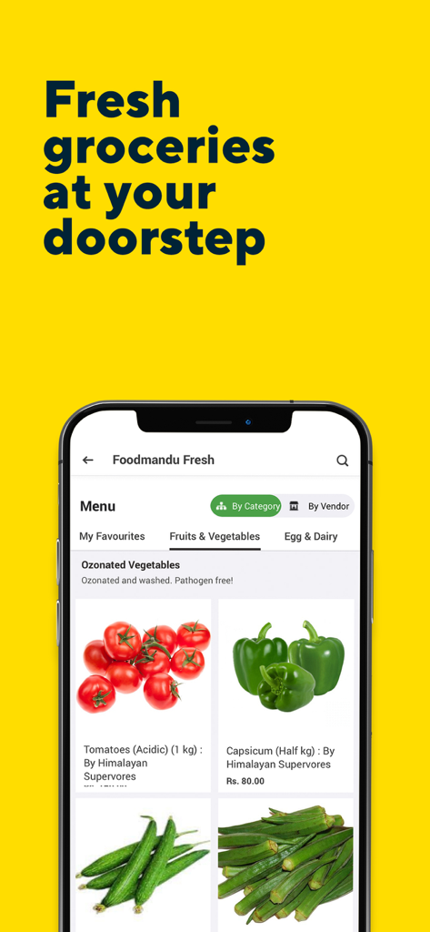 Foodmandu Fresh mobile app screen showing grocery delivery options for fresh fruits and vegetables