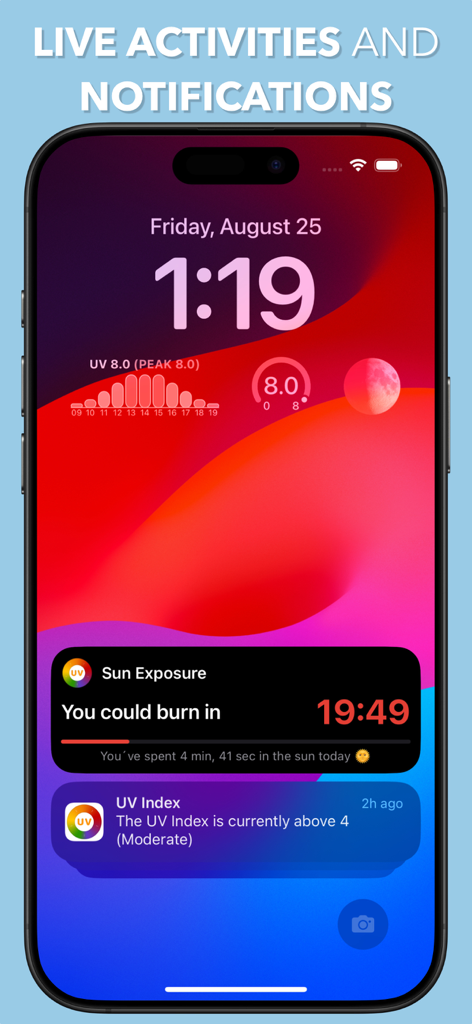 UV Index Widget - Worldwide - UV指数ウィジェットと紫外線露出のライブアクティビティ通知を表示しているiPhoneのロック画面