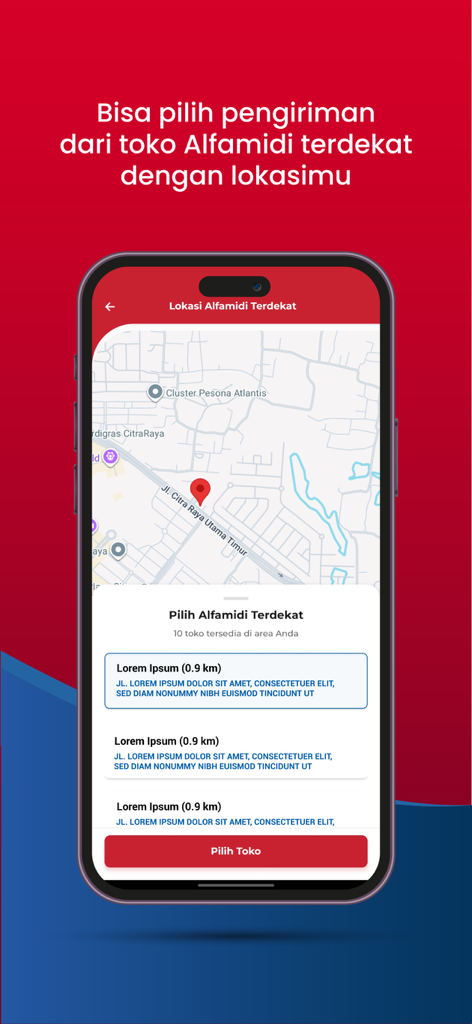 Midi Kriing app interface showing a map and list of nearest Alfamidi stores for delivery selection.