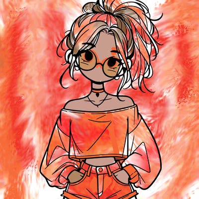 girl with a messy ponytail glasses a baggy crop top and jean shorts