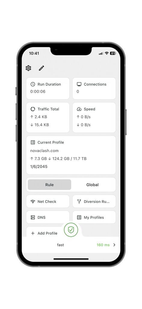 Karing 앱 대시보드에 실행 시간, 트래픽 사용량 및 프록시 프로필 설정과 같은 네트워크 성능 지표가 표시됩니다.