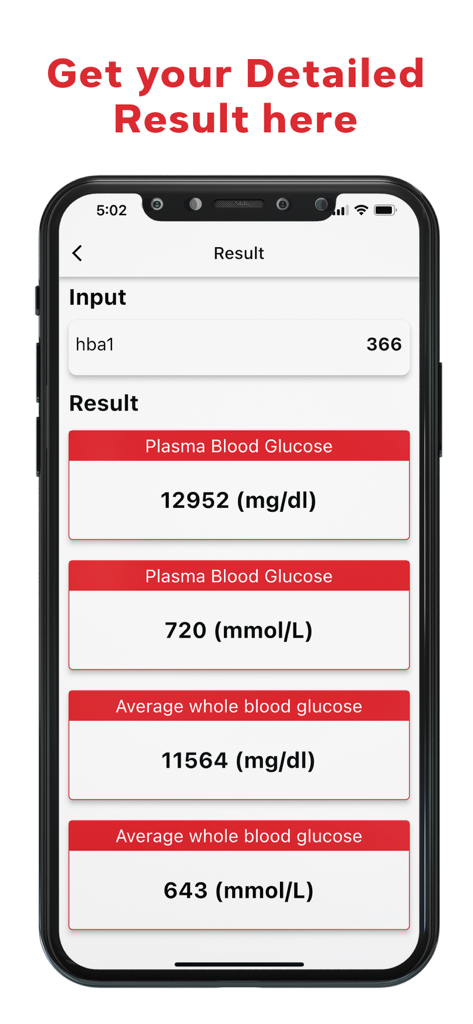 HbA1c Calculator – Blood Sugar - Mobile app screen showing results for HbA1c blood sugar conversion in mg/dl and mmol/L