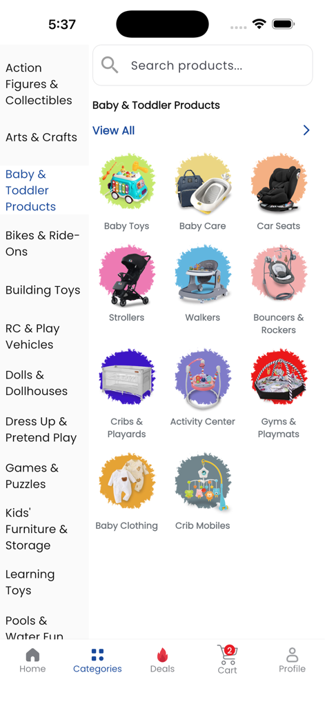 ToyMall 모바일 앱 인터페이스, 유모차, 카시트, 장난감을 포함한 아기 및 유아용 제품 카테고리 표시