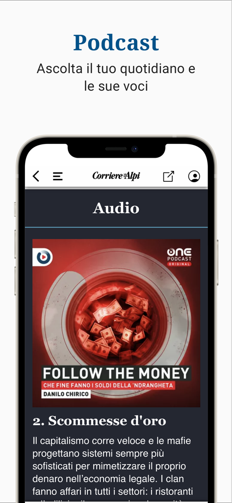 La aplicación móvil Corriere delle Alpi mostrando la sección de artículos de audio y podcasts en un smartphone