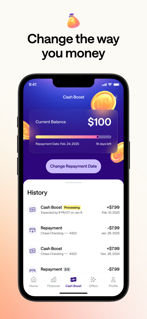 Credit Genie mobile app interface displaying a one hundred dollar cash boost balance and repayment history