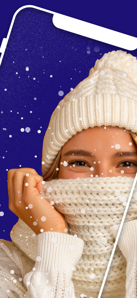 Lumyer:After Effects,Videoleap - A portrait of a woman in winter clothing with a magical falling snow animation overlay.