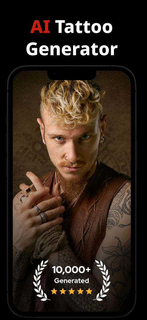 Tattoo AI - AI Tattoo Design - タトゥーAIジェネレーターアプリの画面、タトゥーを入れた男性とカスタムインクデザインの高評価を表示