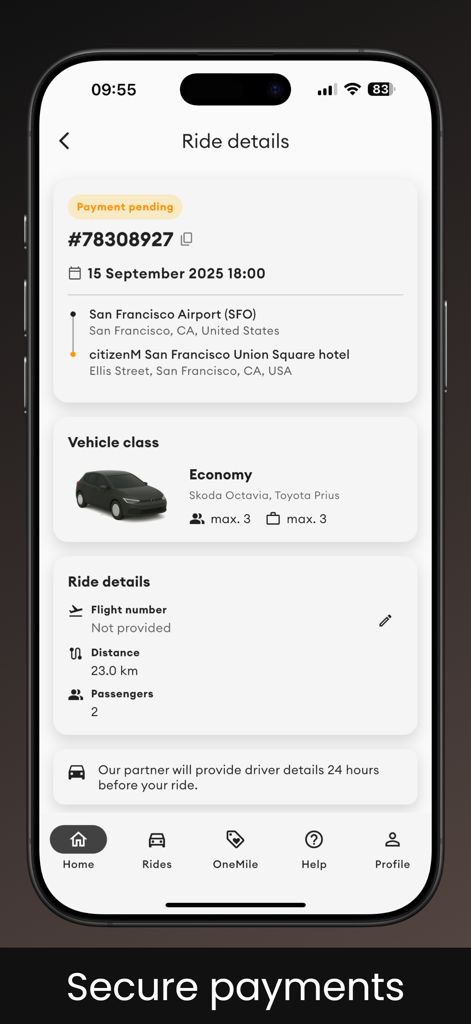 Transfeero mobile app screen displaying ride details and vehicle information for a scheduled airport transfer