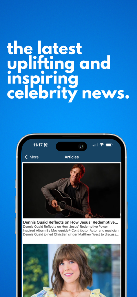 Movieguide® Movie & TV Reviews - Aplicativo Movieguide exibindo artigos inspiradores e edificantes sobre notícias de celebridades.