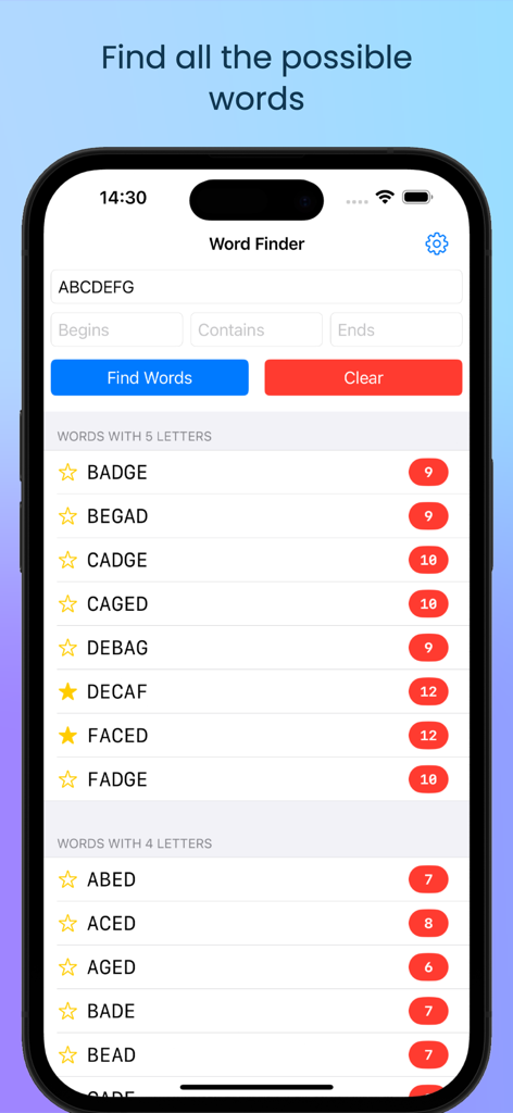Word Unscrambler, Word Machine - Mobile app interface of Word Unscrambler showing a list of words found from a set of letters with point values and high score stars