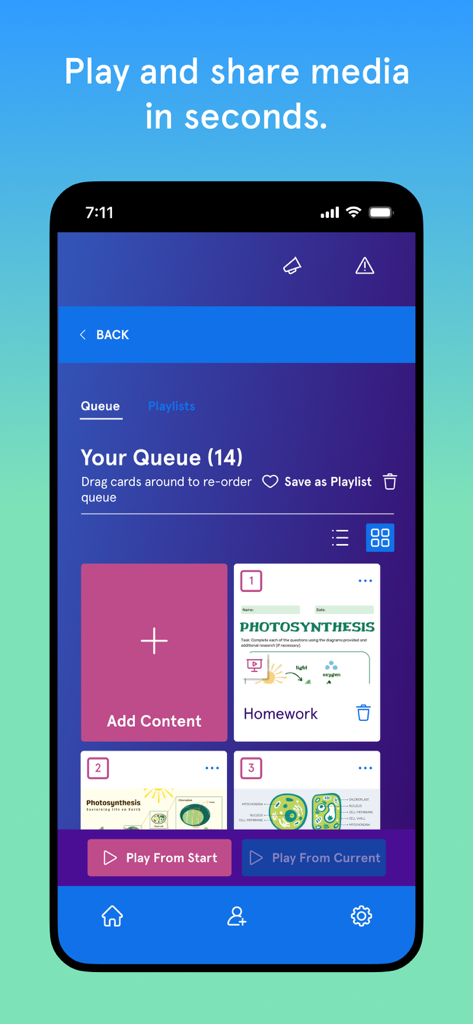 Vivi User App - Interface of the Vivi User App displaying a media queue with educational slides about photosynthesis and classroom homework
