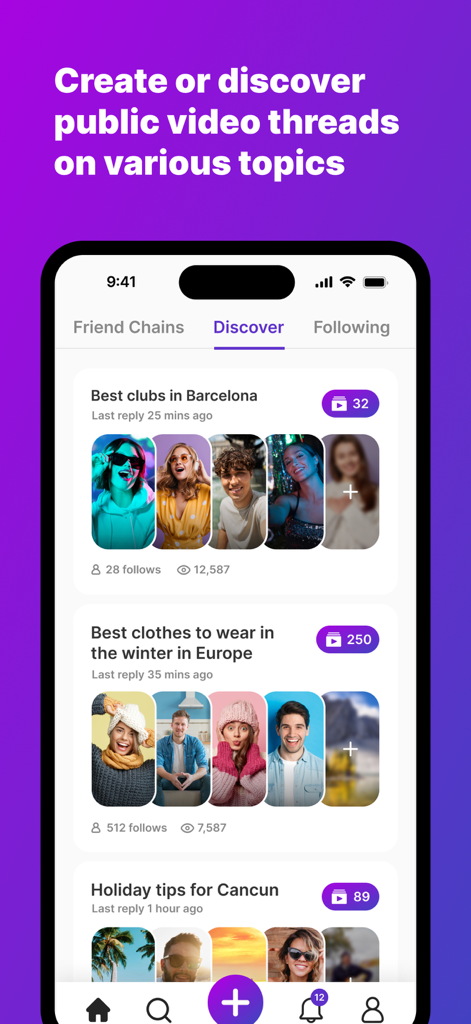 Chainstr: Video Chains - Chainstr app Discover tab displaying public video threads on various lifestyle and travel topics with user thumbnails
