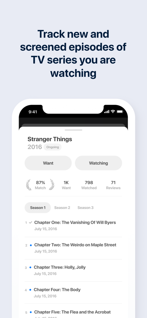 Pantalla de aplicación móvil para rastrear episodios de series de TV y el progreso de visualización.