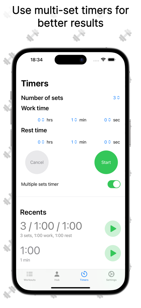 Workouts Gym Diary - iPhone screen showing a workout timer interface with settings for multiple sets and work-rest intervals