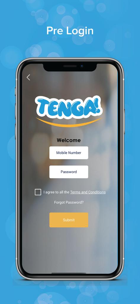 Tenga Mobile Money - Pantalla de inicio de sesión de bienvenida de Tenga Mobile Money que muestra campos de entrada para número de móvil y contraseña