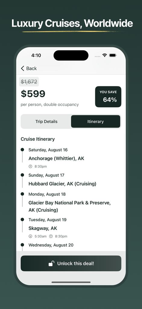 CruiseSlash - Mobile app screenshot showing an Alaska cruise itinerary with a 64 percent discount and a price of 599 dollars