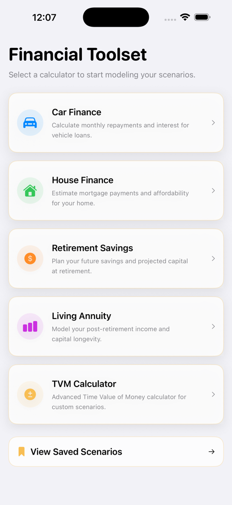 Main screen of the FinCalc app featuring a list of financial calculators for car finance house finance and retirement savings