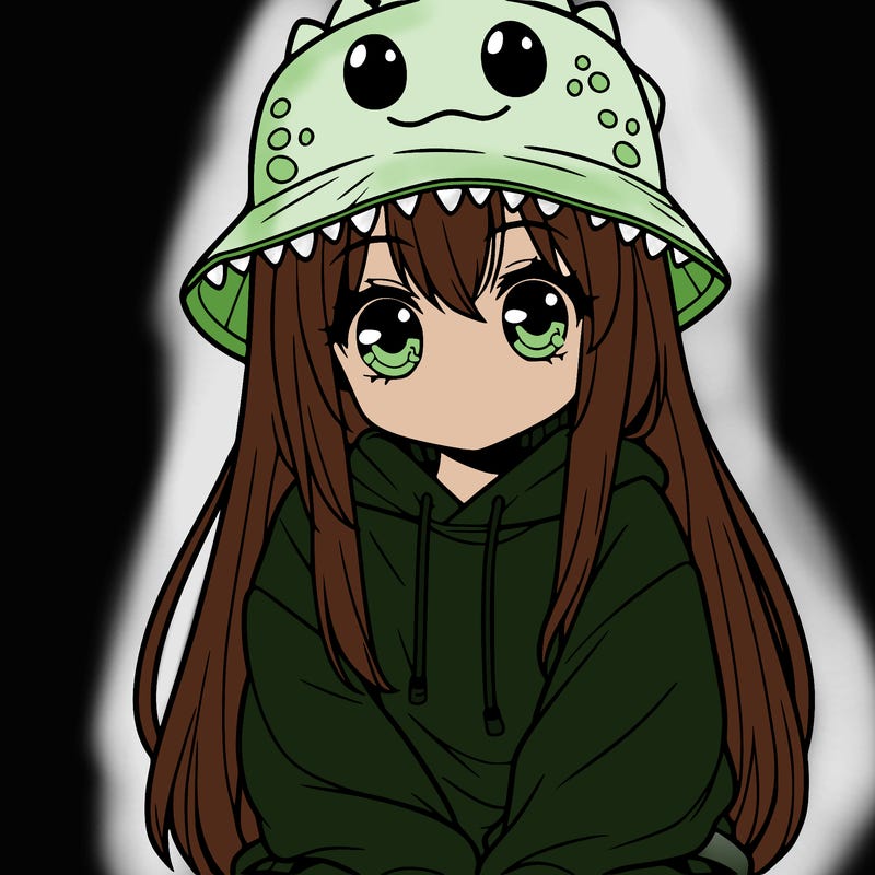 girl with anime shaped eyes with a dinosaur bucket hat oversized sweatshirt long straight hair