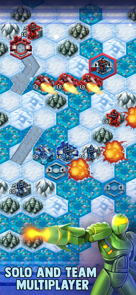UniWar turn-based strategy gameplay showing units battling on a hexagonal winter map.