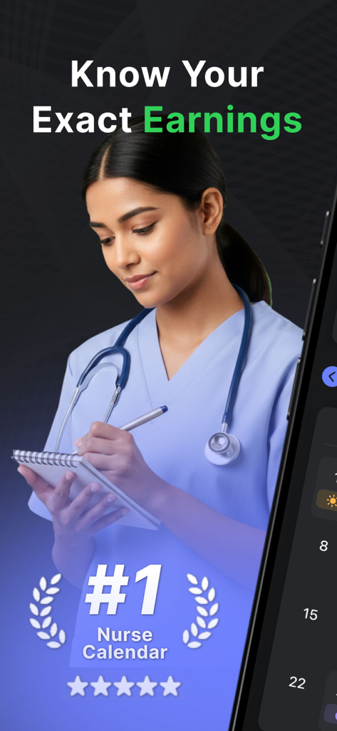 Nurse Shift Calendar: My Work - A nurse in blue scrubs holding a notepad with text highlighting exact earnings tracking on the Nurse Shift Calendar app
