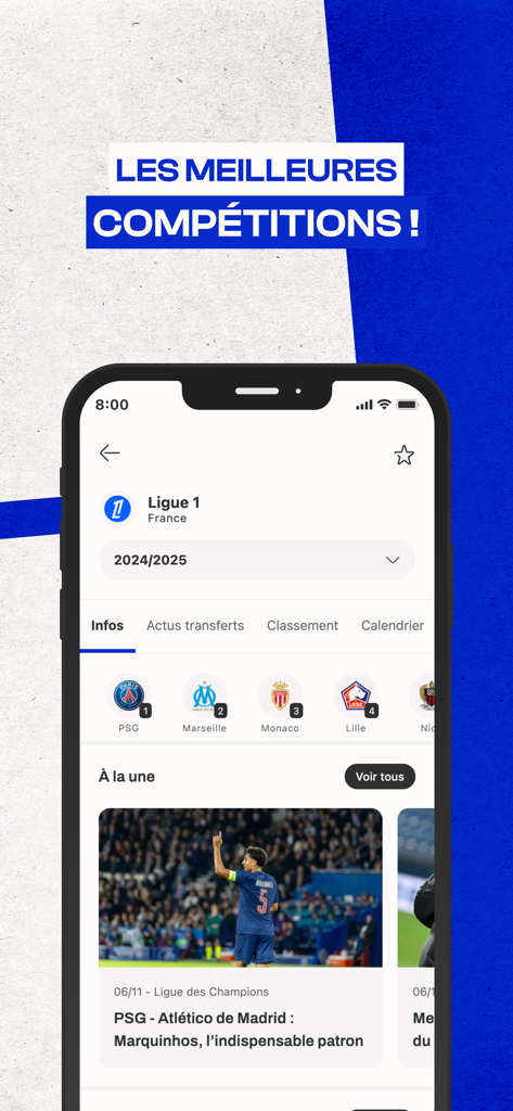 Foot Mercato : Transferts - Interfaz de la aplicación Foot Mercato mostrando noticias de la Ligue 1 y logotipos de equipos de fútbol