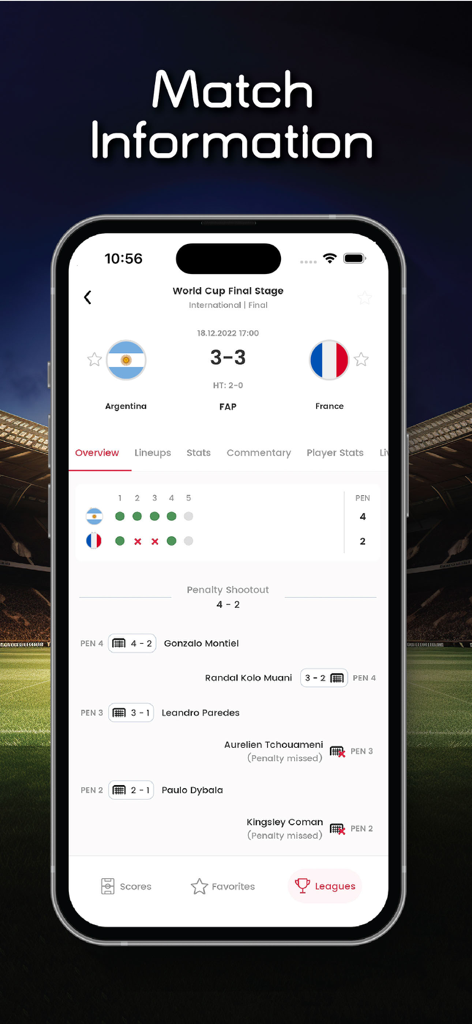 Xscores app screen showing detailed soccer match results and penalty shootout statistics