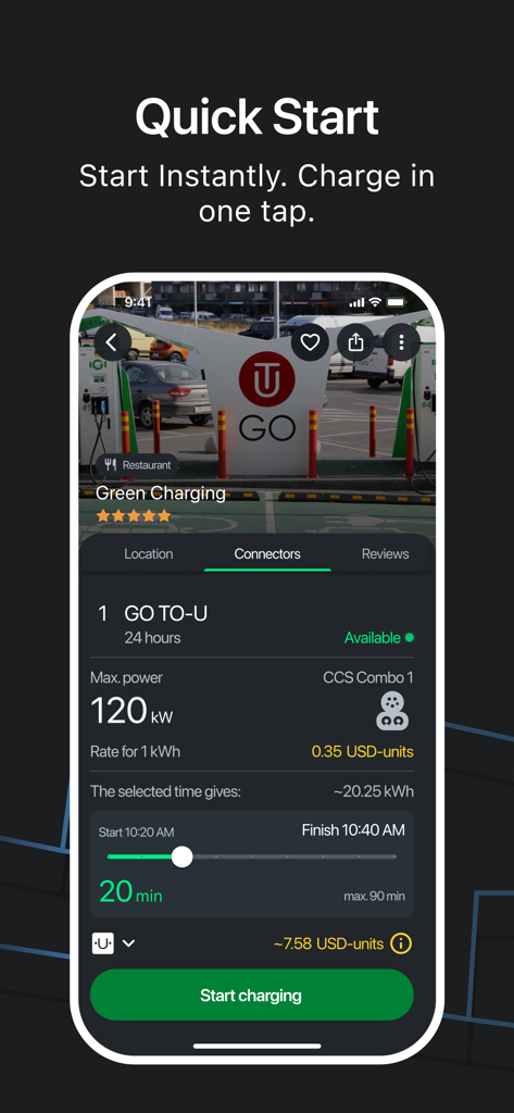 GO TO-U: EV Charging App - ワンタップで充電セッションをクイックスタートできるGO TO-Uモバイルアプリのインターフェース