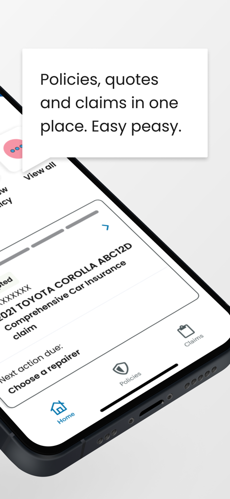 State - State insurance mobile app interface showing car policy details and claim status
