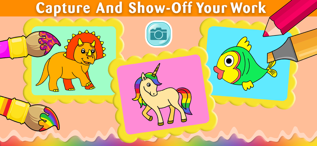 Coloring & drawing games kids - Interface of a kids coloring app showing colored drawings of a dinosaur unicorn and fish
