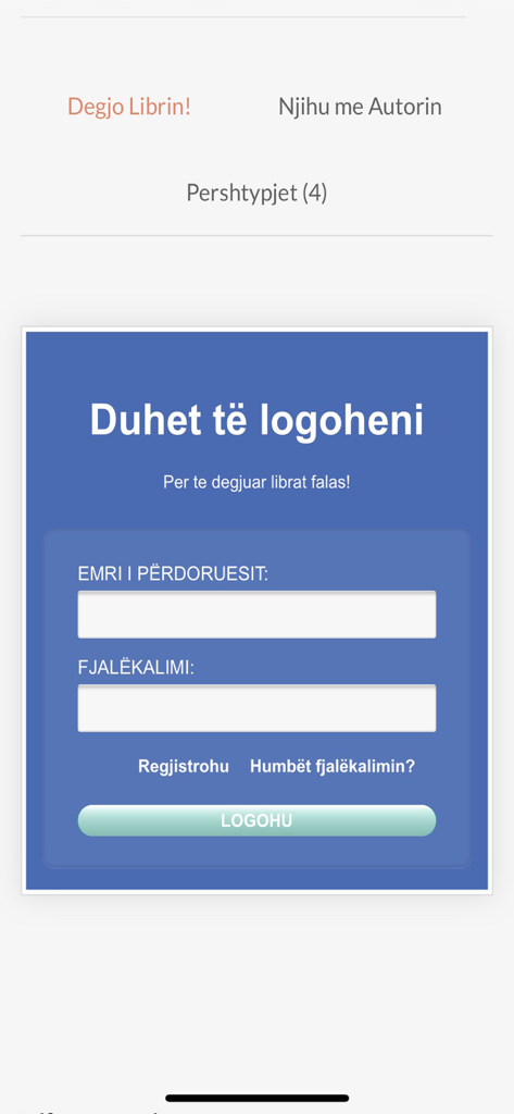 Anmeldebildschirm der Sigal Hörbücher App mit Feldern für Benutzername und Passwort auf Albanisch