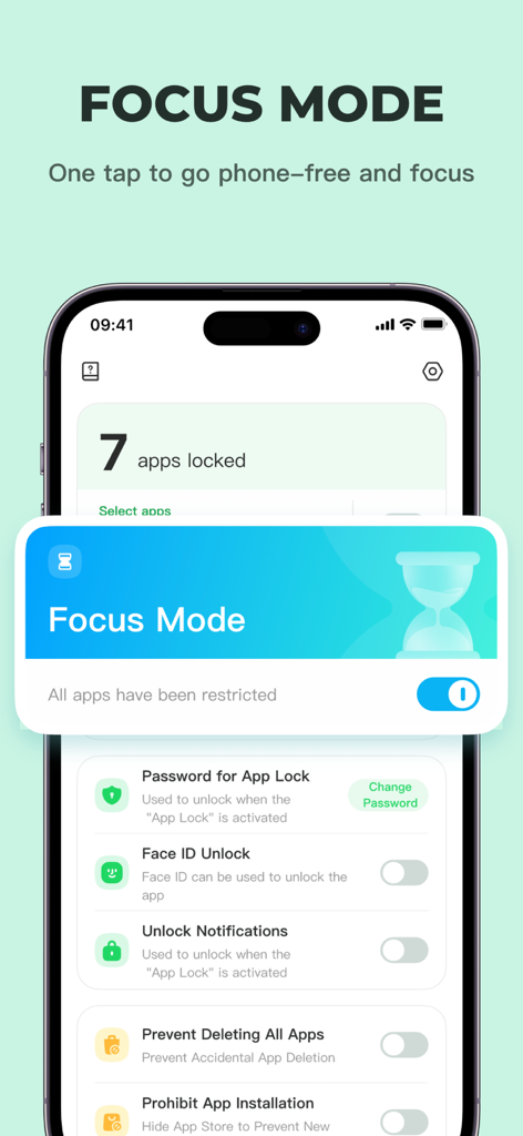 App Lock - Lock Apps ™ - Écran de l'iPhone affichant le mode Concentration activé avec des applications restreintes et des paramètres de contrôle parental