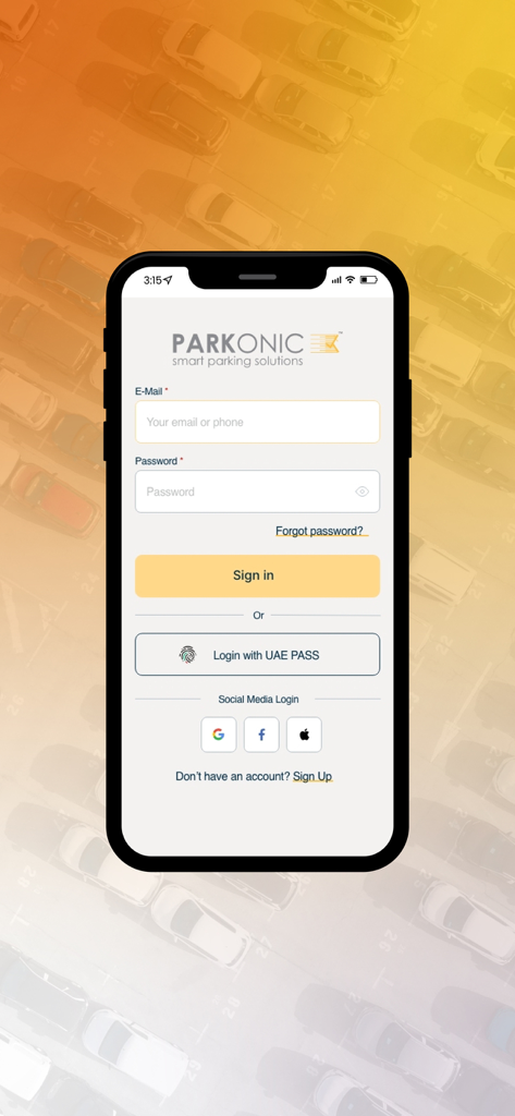PARKONIC plus app login interface with sign in fields and social login options