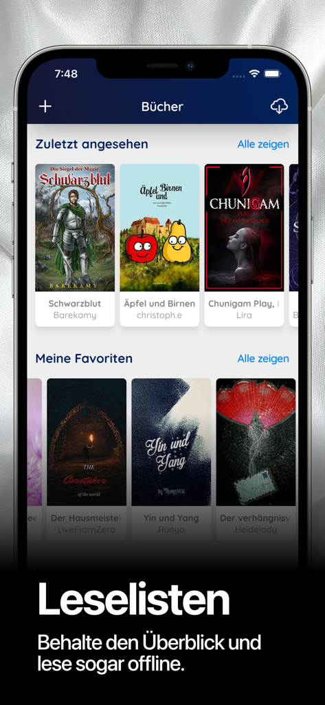 Storyban App-Oberfläche mit Buchcovern in Leselisten und Lieblingsgeschichten.